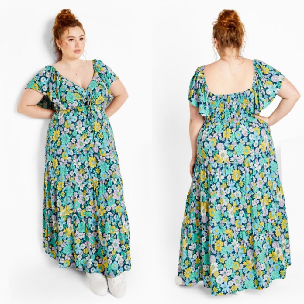 NWT City Chci Multi Floral Cut-Out Flutter Sleeve Tiered Maxi Dress 18